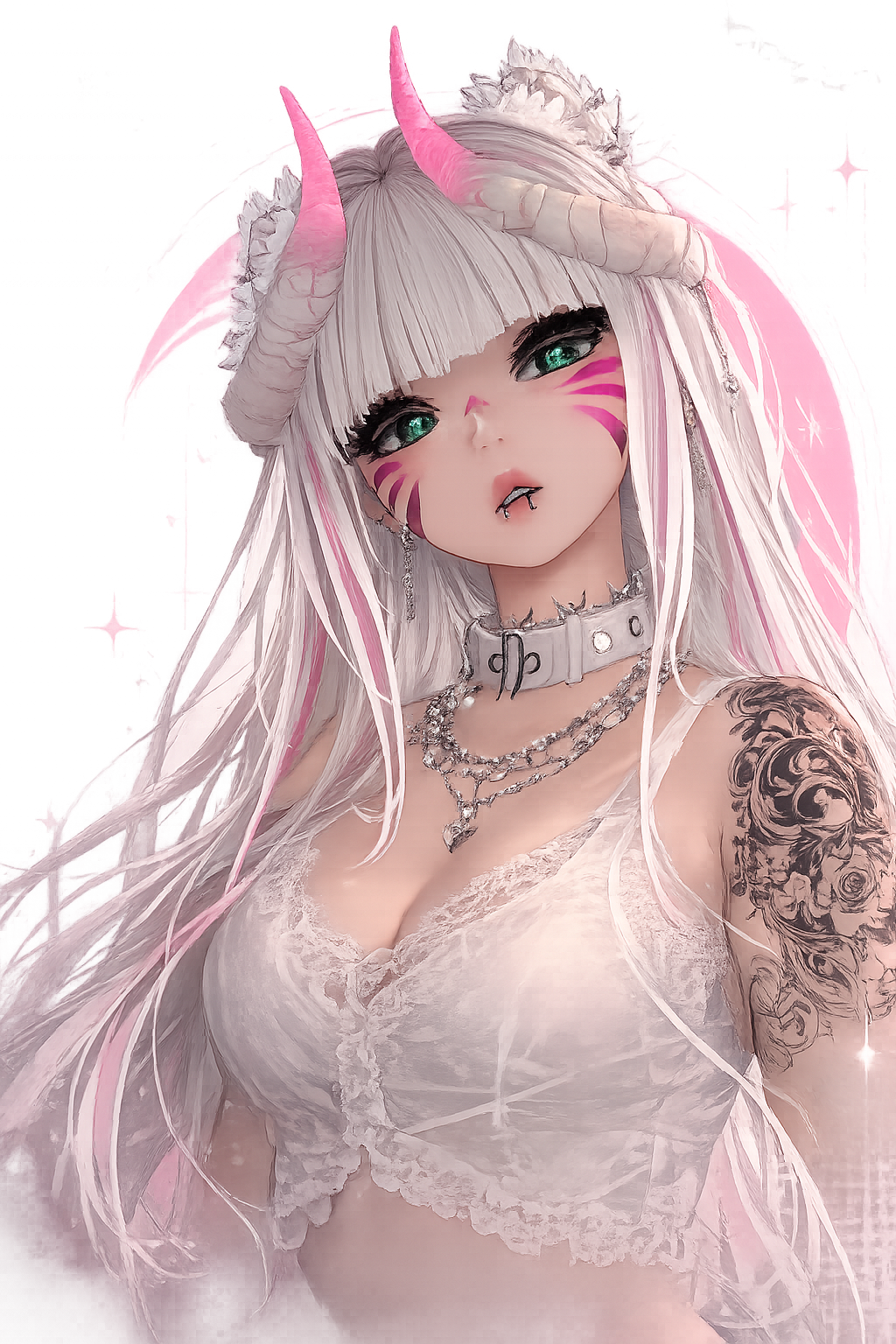 Megu VTuber character with white hair, pink horns, and pastel goth styling
